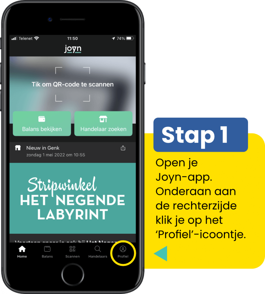 Open je Joyn-app. Onderaan aan de rechterzijde klik je op het ‘Profiel’-icoontje.
